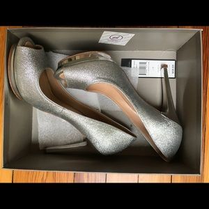 BCBG silver sparkly peep toe heels